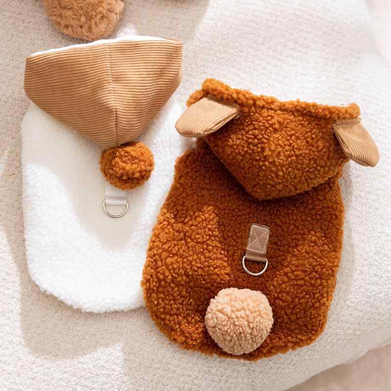 ペットウェア 秋冬 かわいい 韓国風 フード付き ポンポン飾り ノースリーブ ベスト フリース もこもこ ..