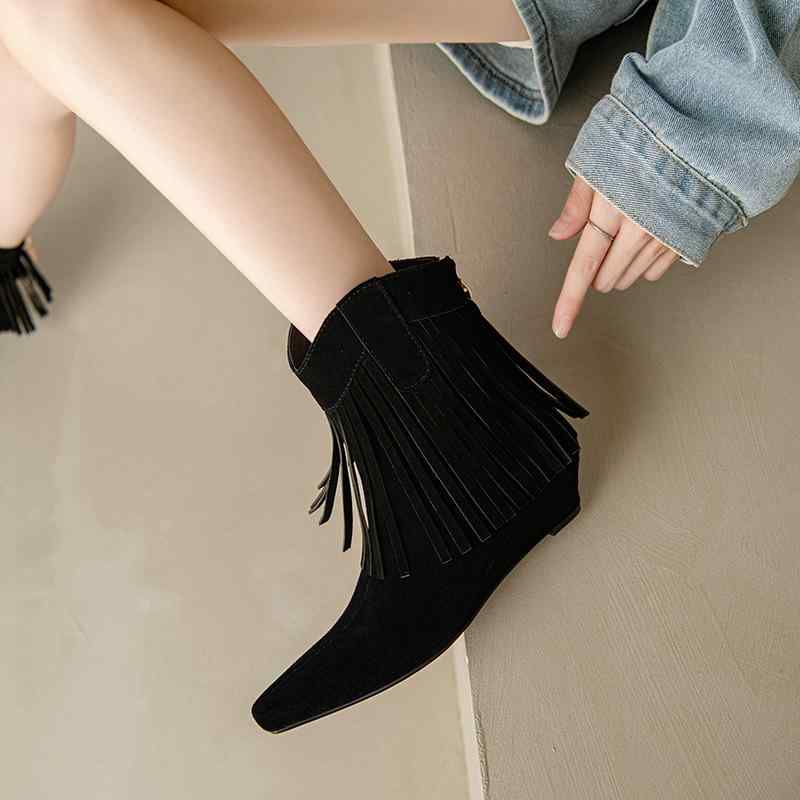 ショートブーツ レディース ウェッジヒール バックジッパー スクエアトゥ 牛革スエード レトロ フリンジ ミドルヒール 秋冬
