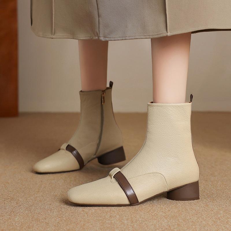 ショートブーツ レディース サイドジップ フレンチレトロ 羊革 太ヒール ローヒール 切り替え 細身 ラウンドトゥ 通勤 カジュアル 裏起毛