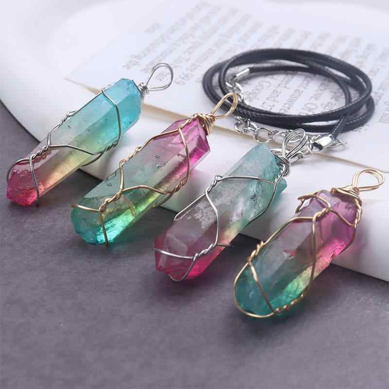 ネックレス ユニセックス 天然原石 白水晶 ワイヤー巻き ハンドメイド 電気メッキ レインボーカラー 不定形 ペンダント Oチェーン 欧米風 ファッション 通勤 カジュアル