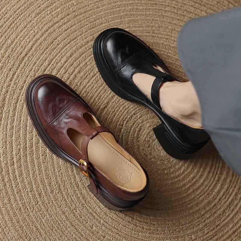 パンプス レディース 本革 牛革 マリジェーン Tストラップ ラウンドトゥ 太ヒール ハイヒール バックル レトロ クラシック 通勤 オフィス デイリー ブラック ブラウン 秋冬