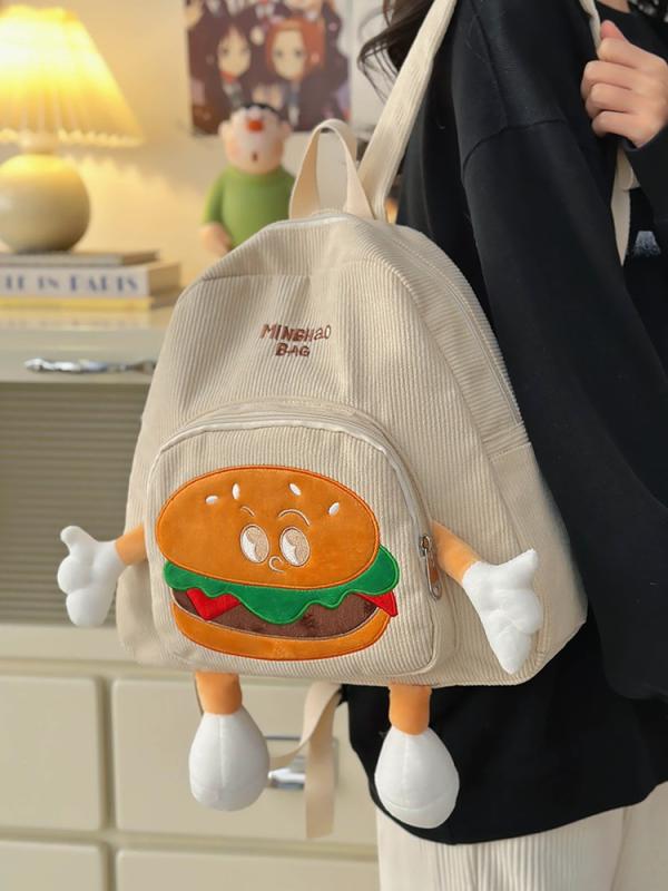 リュックサック 男女兼用 かわいい ハンバーガー ぬいぐるみ キャラクター 大容量 コーデュロイ 負担軽..