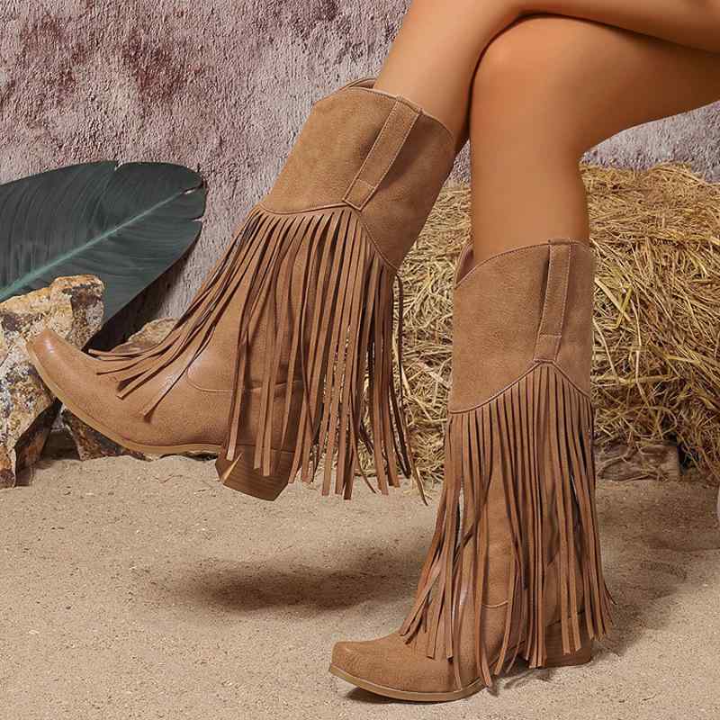 ブーツ レディース 大きいサイズ ポインテッドトゥ チャンキーヒール フリンジ ウエスタンブーツ 秋冬 カジュアル ロングブーツ 高ヒール 合皮 フェイクレザー 普段使い お出かけ