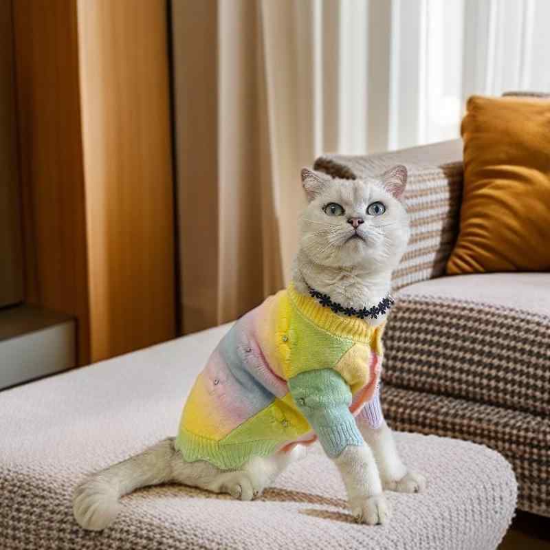 ペットウェア 犬猫兼用 秋冬 暖かい 英国風 グラデーション ラインストーン ニット カーディガン トイ..