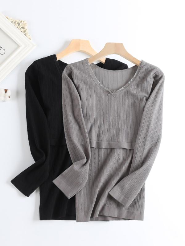 授乳服 レディース 産後専用 長袖 スリムフィット 美ライン 体型カバー 伸縮性 クルーネック インナー ..