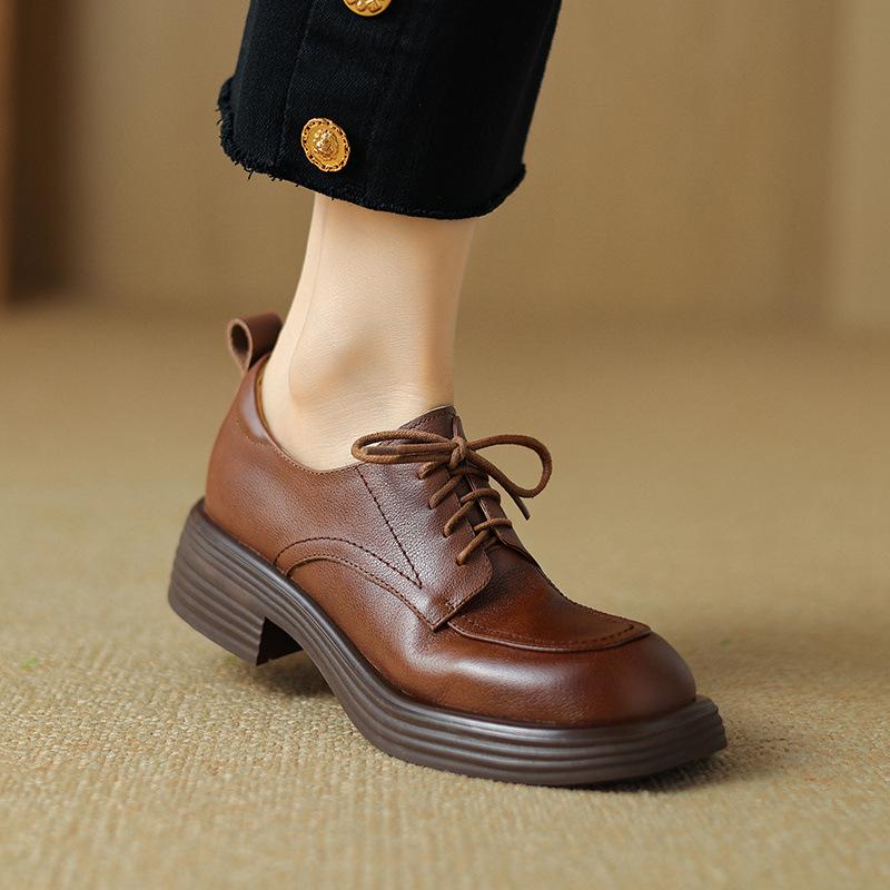 ローファー レディース 本革 深履き レースアップ 厚底 太ヒール 4cmヒール カジュアル 大きいサイズ ..