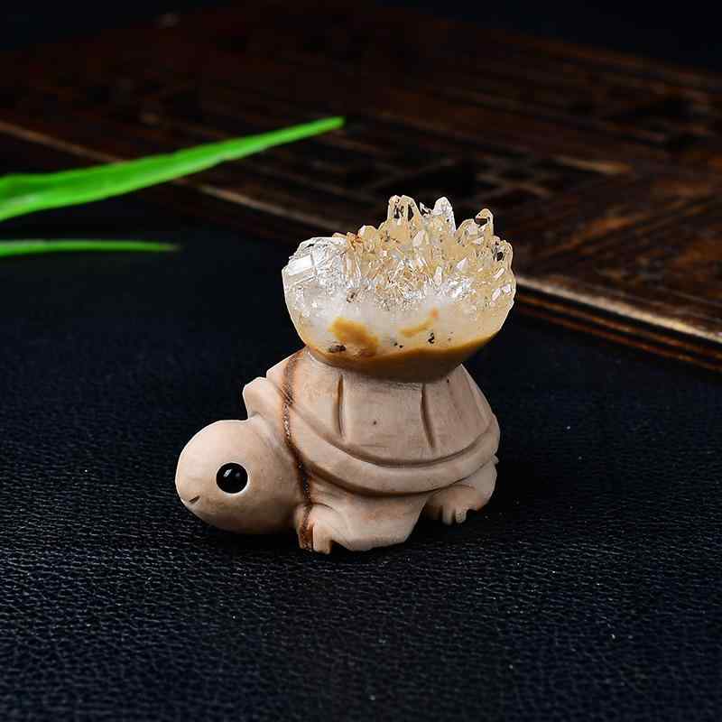 置物 亀 天然石 ホワイトクリスタル 菊花石 クラスター 原石 彫刻 インテリア 卓上飾り リビング 玄関 ..