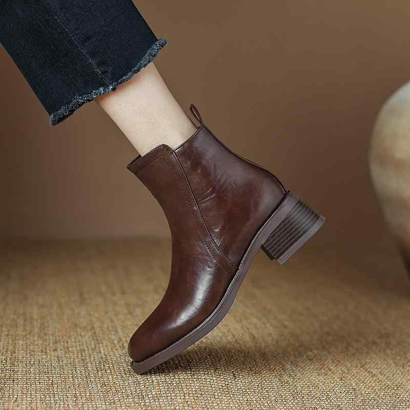 ショートブーツ レディース ウエスタンブーツ ミドルヒール 太ヒール スクエアトゥ サイドジップ フェ..