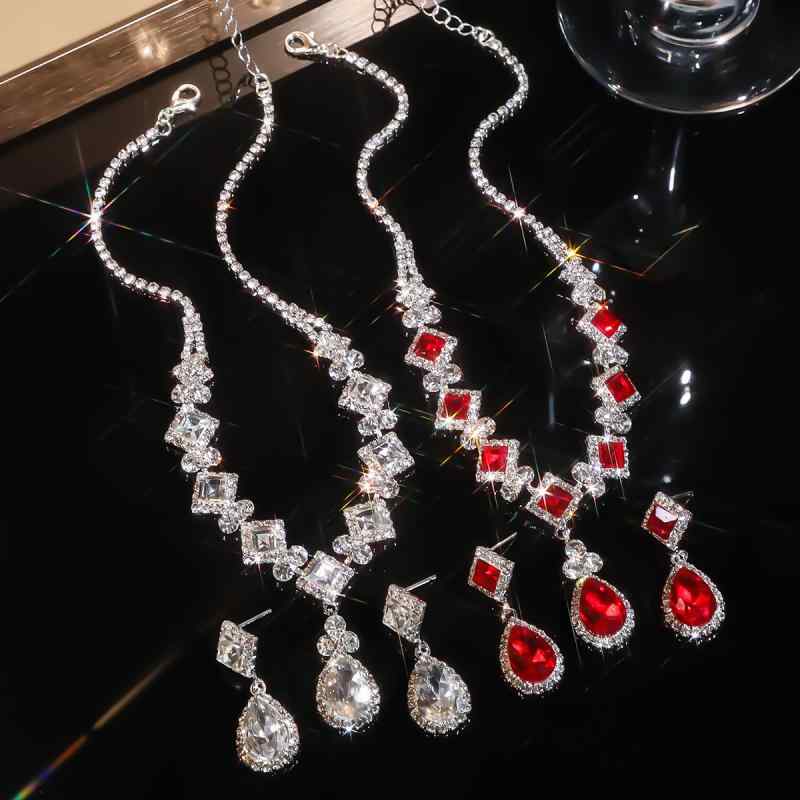 ネックレス ピアス 2点セット レディース 欧米風 ブライダル 爪留め パヴェ ラインストーン クリスタル ハート しずく型 チョーカー 結婚式 パーティー