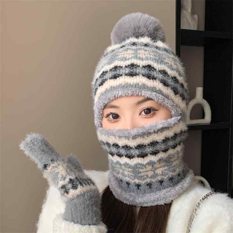 帽子 レディース 防寒 暖かい 裏起毛 ネックウォーマー 手袋 一体型 ニット帽 冬用 サイクリング バイク 自転車 通勤 通学 アウトドア 防風 アクリル シンプル(4)
