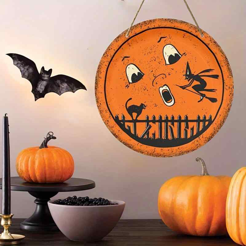 ウォールデコ ハロウィン 魔女モチーフ ウッド製 丸型 サインボード おしゃれ かわいい モダンテイスト 玄関 リビング インテリア 壁飾り オブジェ ディスプレイ