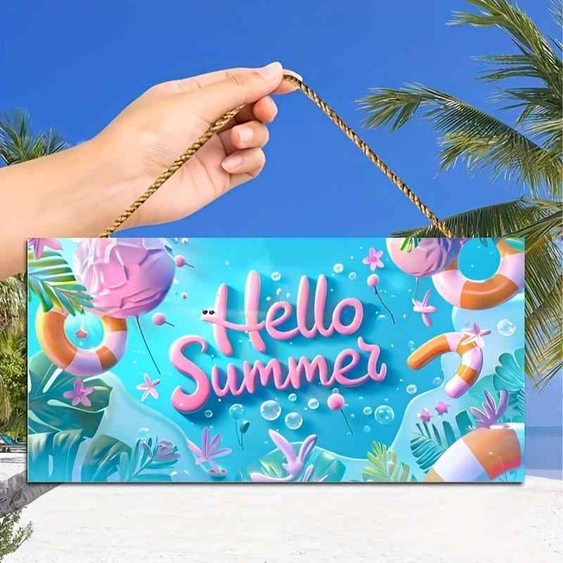 ドアプレート 木製 長方形 ハローサマー デザイン 夏 玄関 壁掛け おしゃれ インテリア雑貨 ウォールデコレーション リビング 室内装飾 モダン シンプル かわいい(x2)