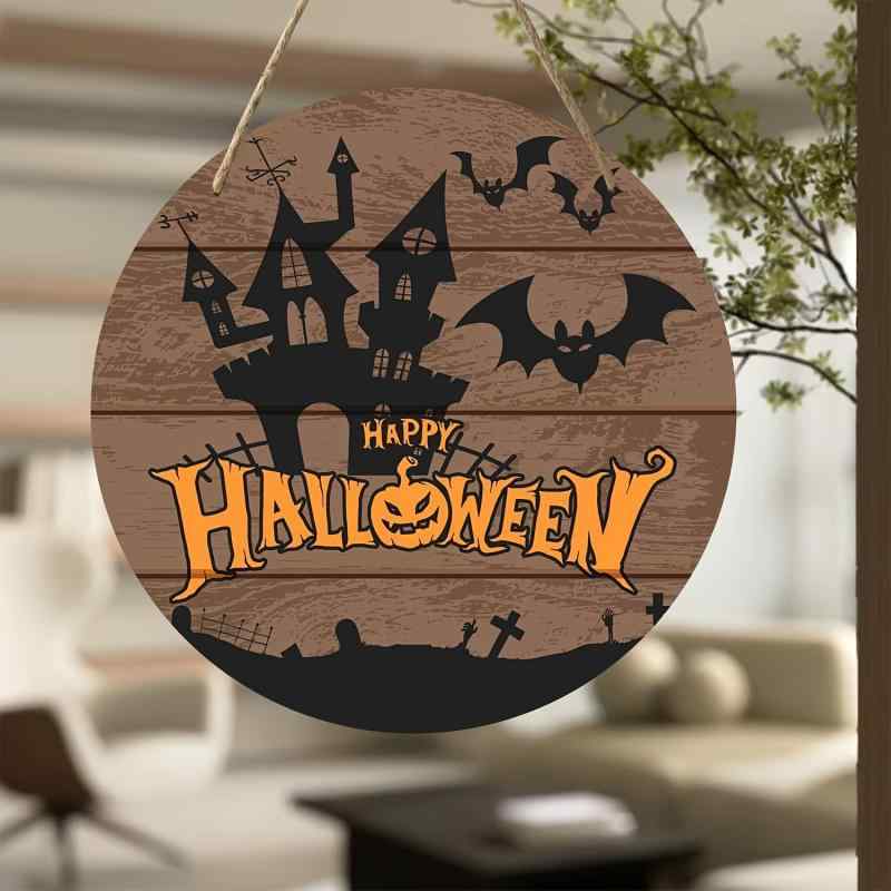 インテリアプレート ハロウィン 木製 円形 城 ウォールデコ オブジェ モダン シンプル おしゃれ 玄関 リビング 部屋飾り デコレーション(x2)