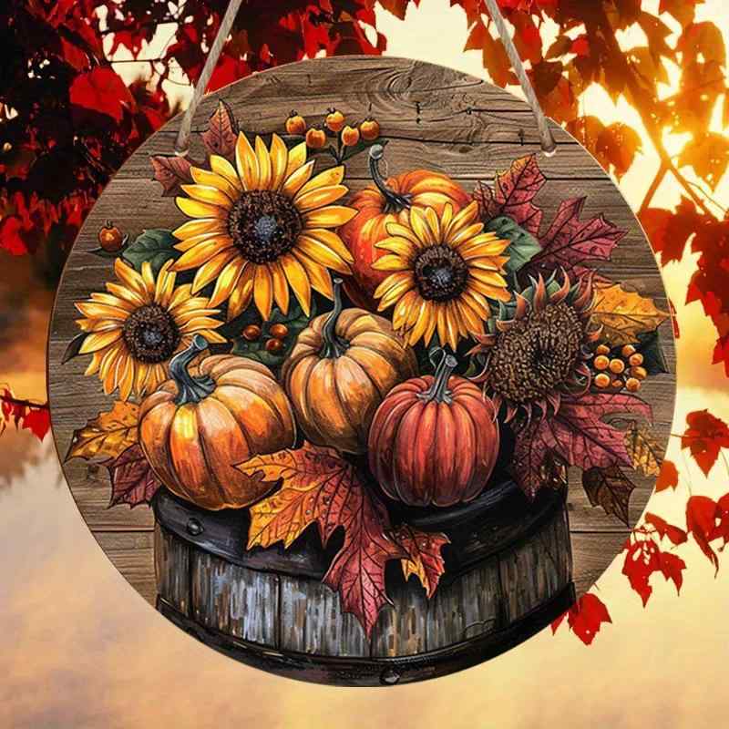 インテリア雑貨 秋 感謝祭 ハロウィン ひまわり かぼちゃ 木製 丸型 サイン プレート モダン おしゃれ 壁掛け ウェルカムボード ウォールデコレーション 季節飾り 玄関 リビング ドアプレート(x2)