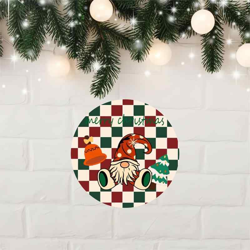 インテリア雑貨 木製 ウッド 丸型 クリスマス サンタクロース 赤 緑 チェック柄 かわいい 飾り オーナメント 装飾プレート モダン シンプル 玄関 リビング 部屋用(x2)