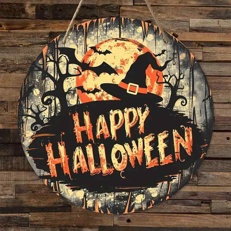 ハロウィン飾り 魔女の帽子 木製 丸型 サインボード ウォールデコレーション おしゃれなインテリアプレート 玄関 リビング 壁掛け オーナメント シンプルモダン 選べる2サイズ(x2)