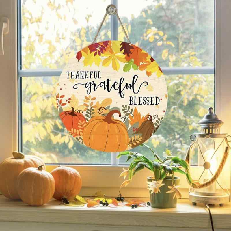 装飾プレート 木製 天然木 円形 丸型 感謝祭 秋の収穫 感謝のメッセージ ホームデコレーション インテリア雑貨 壁掛け 玄関 リビング オブジェ モダン シンプル おしゃれ かわいい(x2)