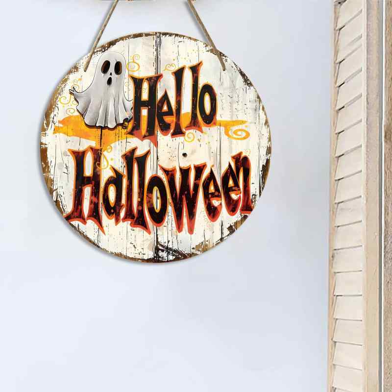 インテリア雑貨 ハロウィン ゴースト おばけモチーフ 木製 円形 サインプレート ウォールデコ おしゃれな壁飾り 玄関 リビング 部屋 店舗用デコレーション(x2)