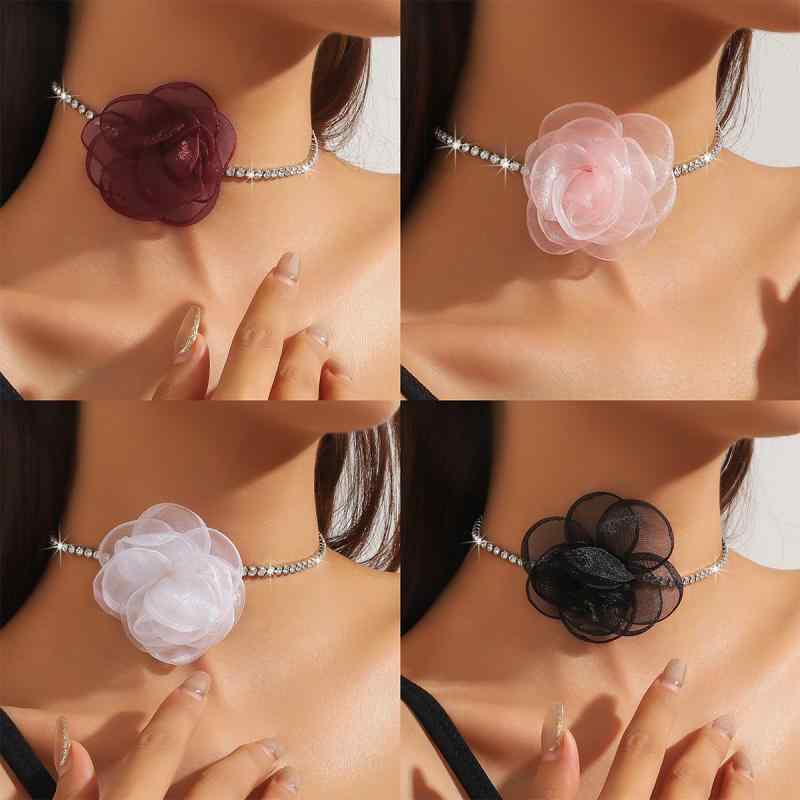 ネックレス レディース レトロ エレガント 全面ラインストーン フラワーモチーフ チョーカー パーティー フォーマル 通勤 オフィス 布製 手作り 首飾り(4)