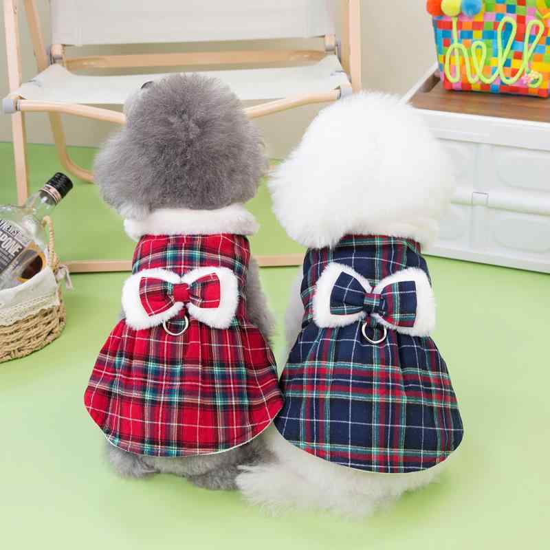 ペット服 犬 リード穴付き テディ ビションフリーゼ 秋冬用 かわいい お嬢様風 チェック柄 コットンワンピース 英国風 防寒 散歩 お出かけ 赤 紺