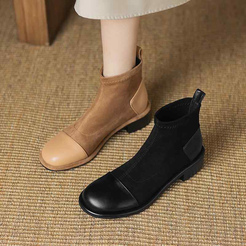 ショートブーツ レディース 大きいサイズ 33-43対応 スエード調 暖かい ボア裏地 切り替えデザイン ラウンドトゥ スクエアヒール ローヒール スリッポン カジュアル スリムフィット 美脚 秋冬春