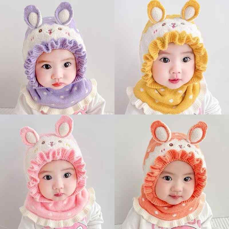 ニット帽 ベビー キッズ 男女兼用 保温 防寒 防風 裏起毛 あったか 耳あて 耳付き ショール一体型 かわいい 冬物 お出かけ プレゼント(x2)