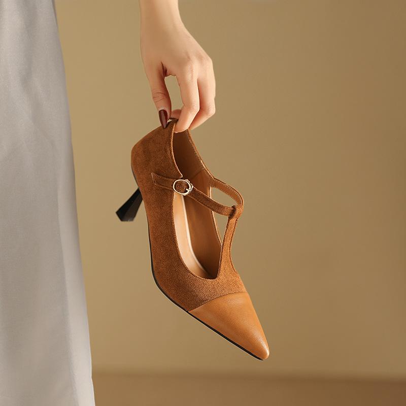 パンプス レディース Tストラップ 浅履き ポインテッドトゥ 切り替え メリージェーン 細ヒール ハイヒール ブラック ブラウン PUレザー 豚革インソール ゴム底 デイリーユース 春秋 32-43サイズ対応