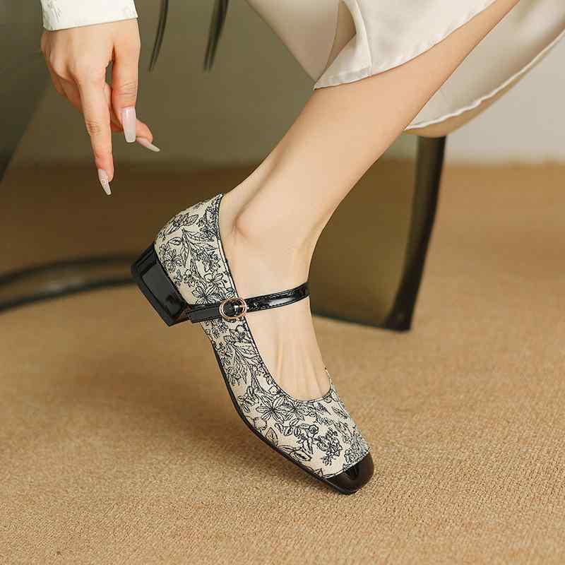 メリージェーンシューズ レディース 大きいサイズ 小さいサイズ 新チャイナ風 レトロ 浅め 太ヒール ミドルヒール バックル ラウンドトゥ パンプス 春夏 バイ...