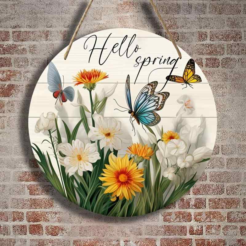 ドアプレート 木製 黄楊木 円形 丸型 春 スプリング おしゃれ かわいい モダン シンプル 玄関 リビング 壁掛け 装飾 インテリア サインプレート 飾り板(x2)