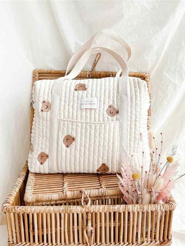 楽天モズラボマザーズバッグ レディース 韓国風 インスタ風 刺繡 クマ キルティング コットン ベビーカーフック 多機能 大容量 通気性 超軽量 耐久性 出産準備 おむつポーチ マタニティバッグ