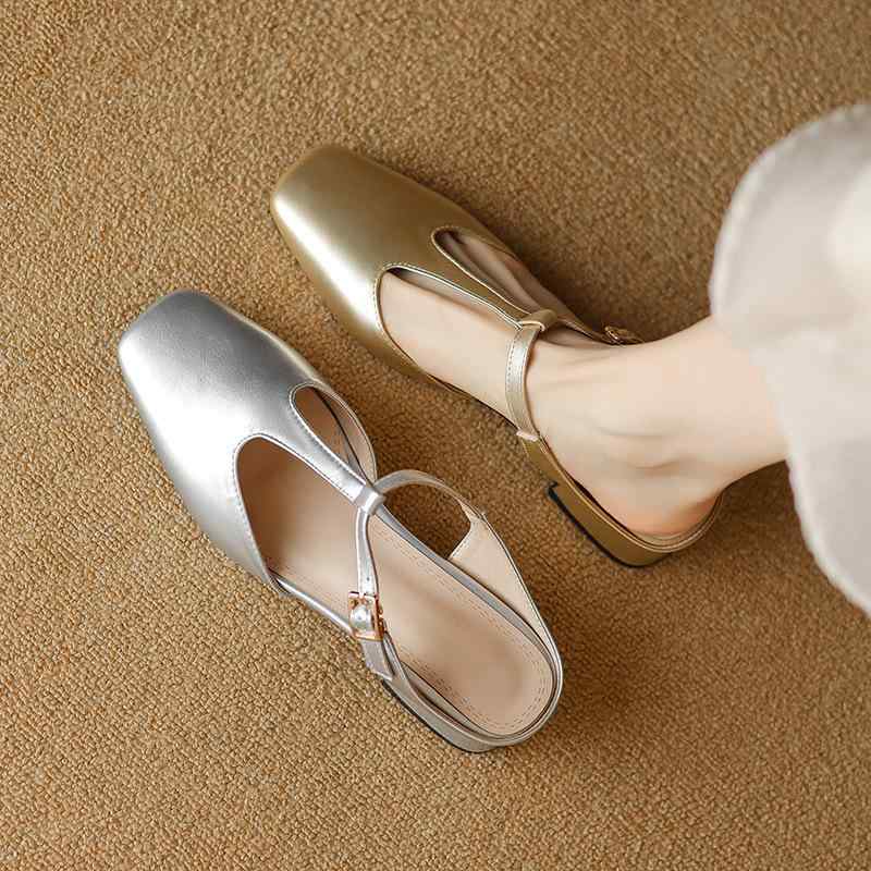 サンダル レディース つま先あり バックオープン Tストラップ マリージェーン ミュール PUレザー フラット 歩きやすい シンプル 普段使い デイリー 大きいサイズ 小さいサイズ対応 ゴールド シルバー