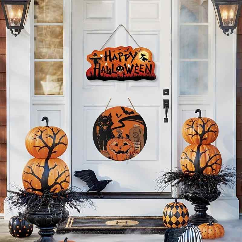 工芸品 木製 円形 ハロウィン ドアプレート 玄関プレート 飾り サイン インテリア おしゃれ ブーモチーフ ホームデコレーション(x2)