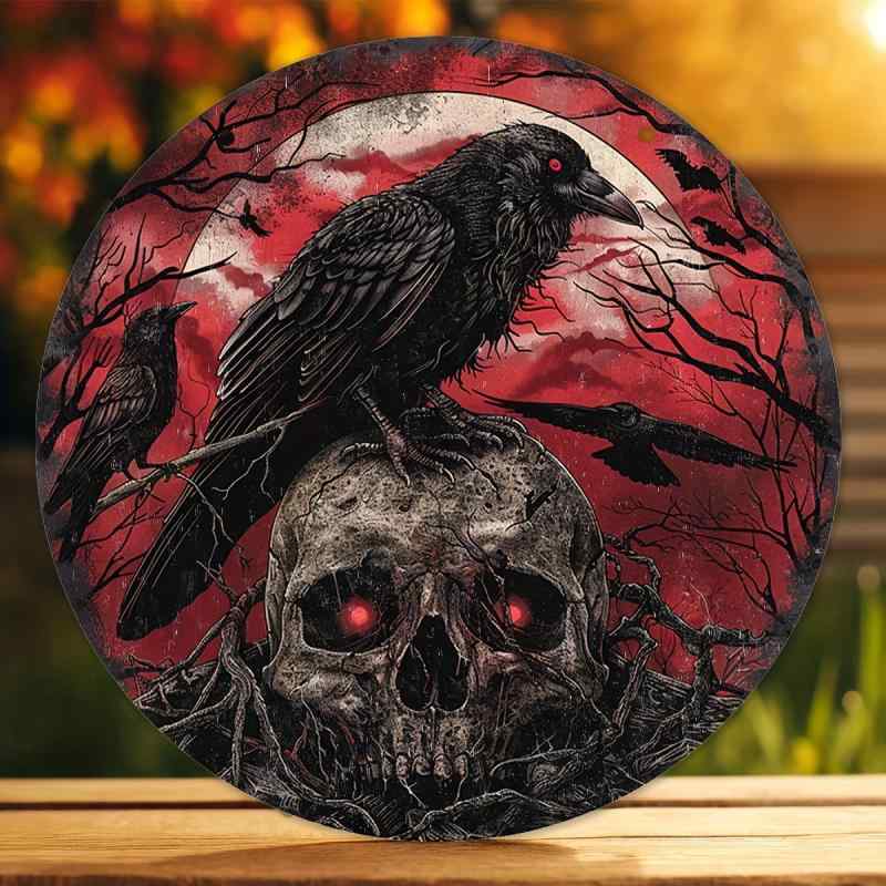 インテリア雑貨 ハロウィン スカル 骸骨 カラス 木製 円形 丸型 モダン シンプル クリエイティブ 装飾プレート サインボード 玄関 壁掛け