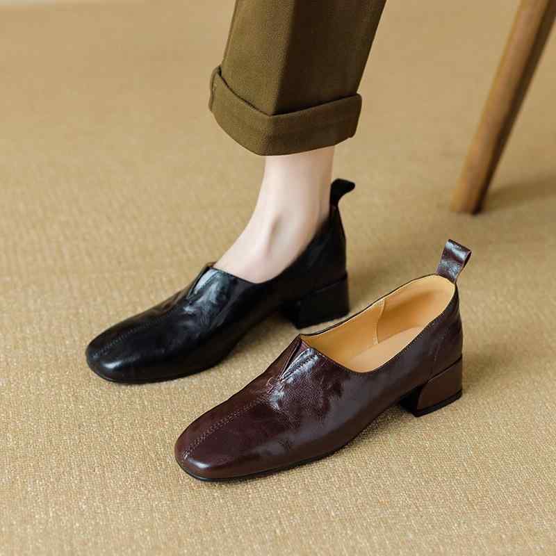 ローファー レディース 安定感 太ヒール ミドルヒール 羊革 本革 スクエアトゥ 浅履き スリッポン レトロ クラシック オフィス 通勤 普段使い 春夏秋冬 ブラック ブラウン