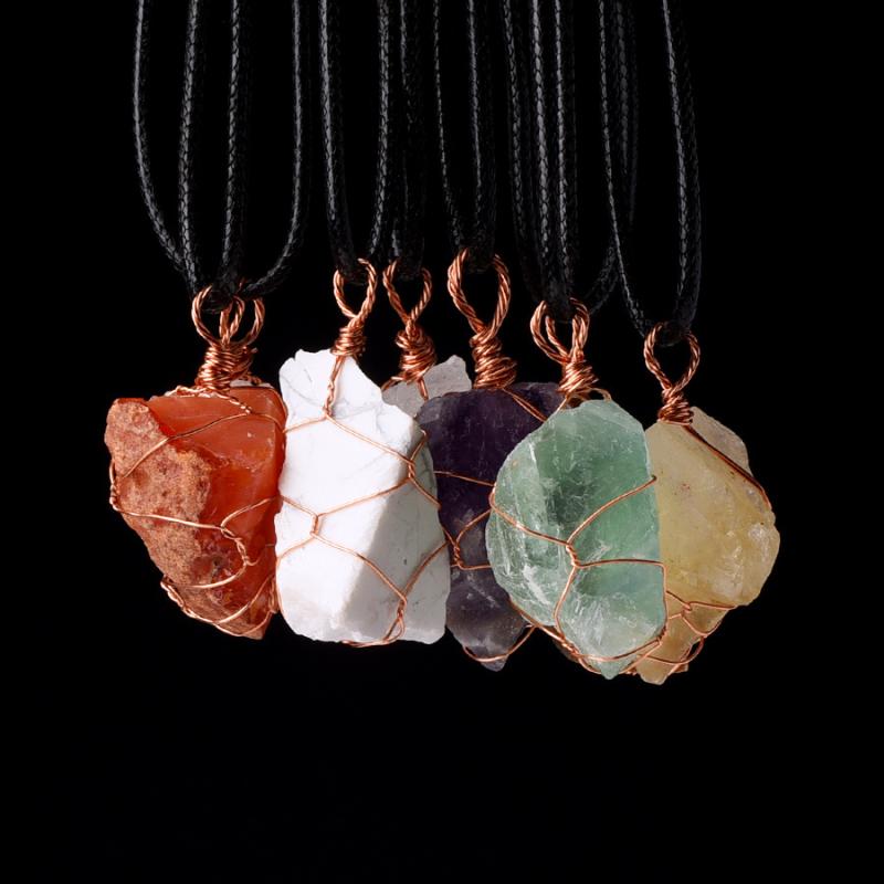 ネックレス 天然石 ワイヤーラップ ラフストーン ペンダントトップ ホワイト ピンク パープル イエロー 水晶 フローライト アベンチュリン パワーストーン(x2)