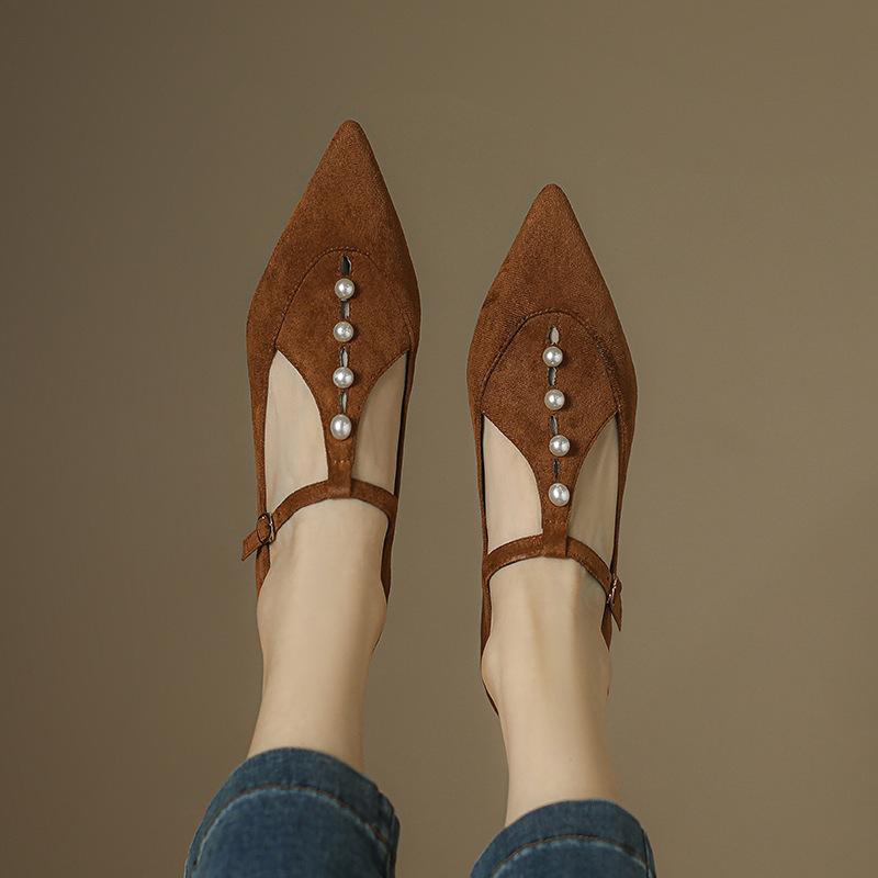 メリージェーン レディース 大きいサイズ ポインテッドトゥ T字ストラップ フラットヒール 韓国風 パンプス 浅履き スエード調 デイリー カジュアル ゴム底 ブラック ブラウン