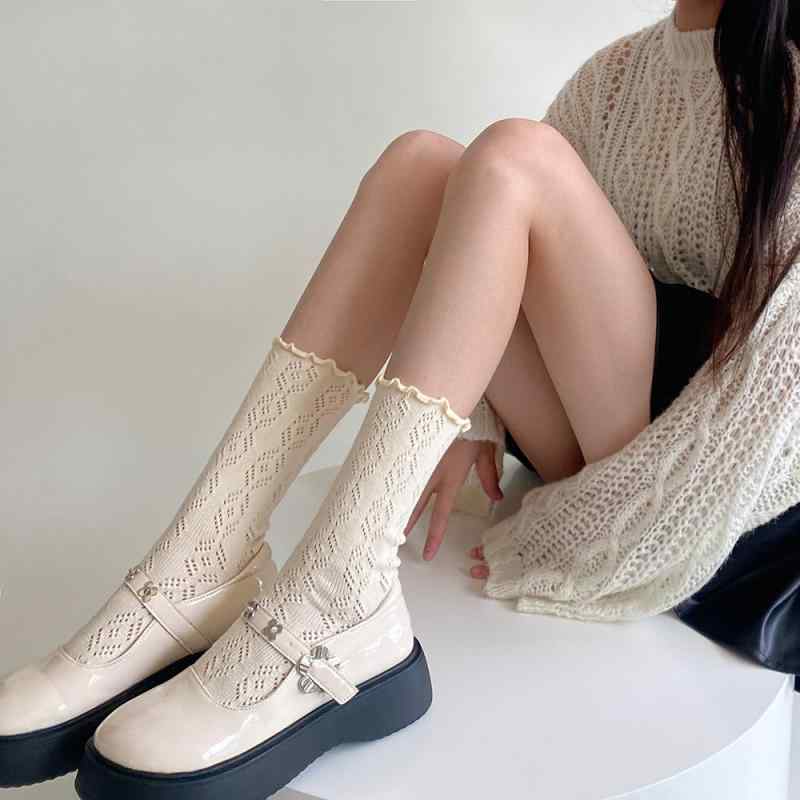 ソックス レディース メロウフリル 透かし編み メッシュ 無地 ルーズ ミドル丈 滑り止め コットン 韓国..