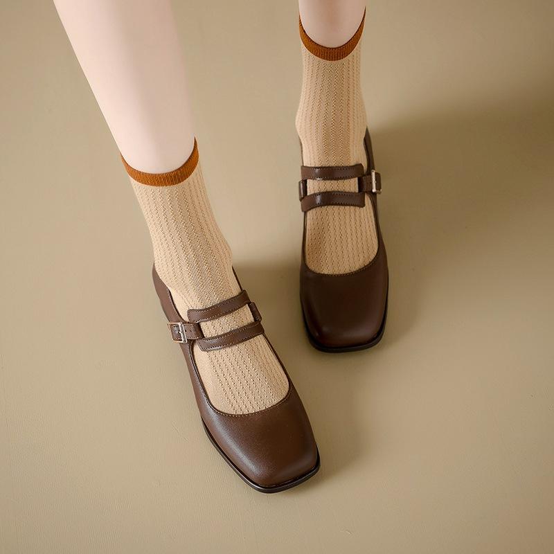 メリージェーン パンプス レディース 大きいサイズ 25.0cm 25.5cm 26.0cm 26.5cm 太ヒール スクエアトゥ 浅履き ミドルヒール ストラ...