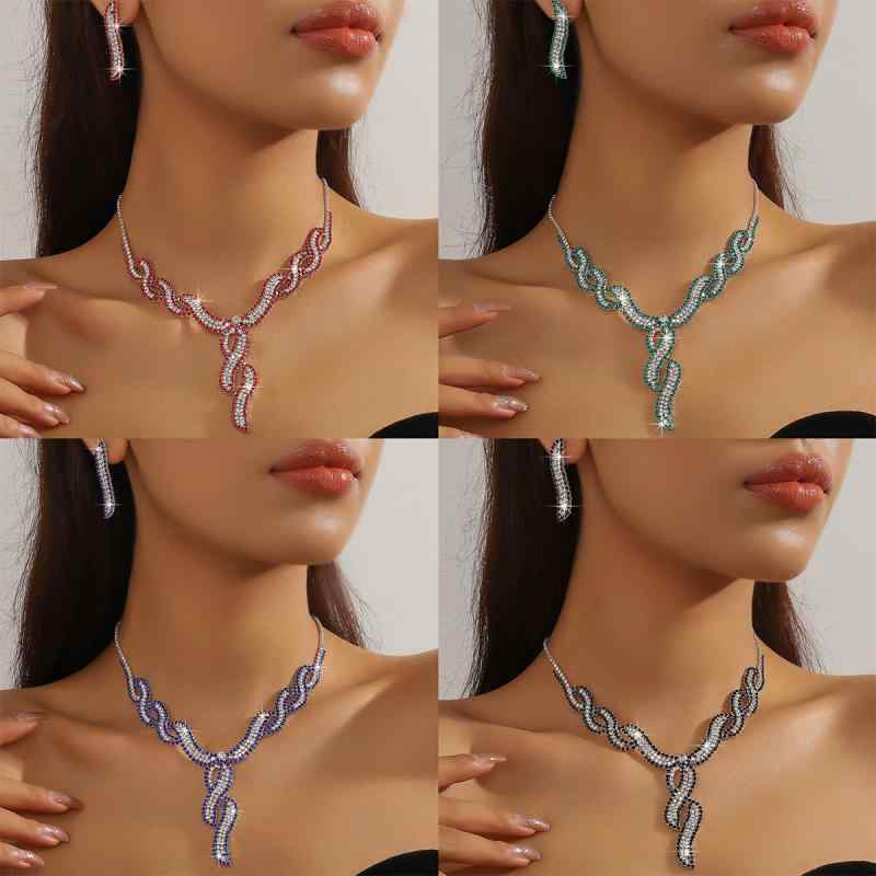 アクセサリー レディース ネックレス ピアス セット 鎖骨ネックレス 総ビジュー 爪留め 電気メッキ加工 黒白ラインストーン シンプル 通勤 オフィス 幾何学 秋