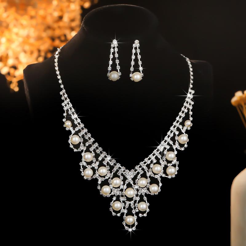 ネックレス イヤリング セット レディース 爪留めチェーン 大ぶり パール ラインストーン 電気メッキ加工 フォーマル パーティー 結婚式 二次会 ドレス 披露宴