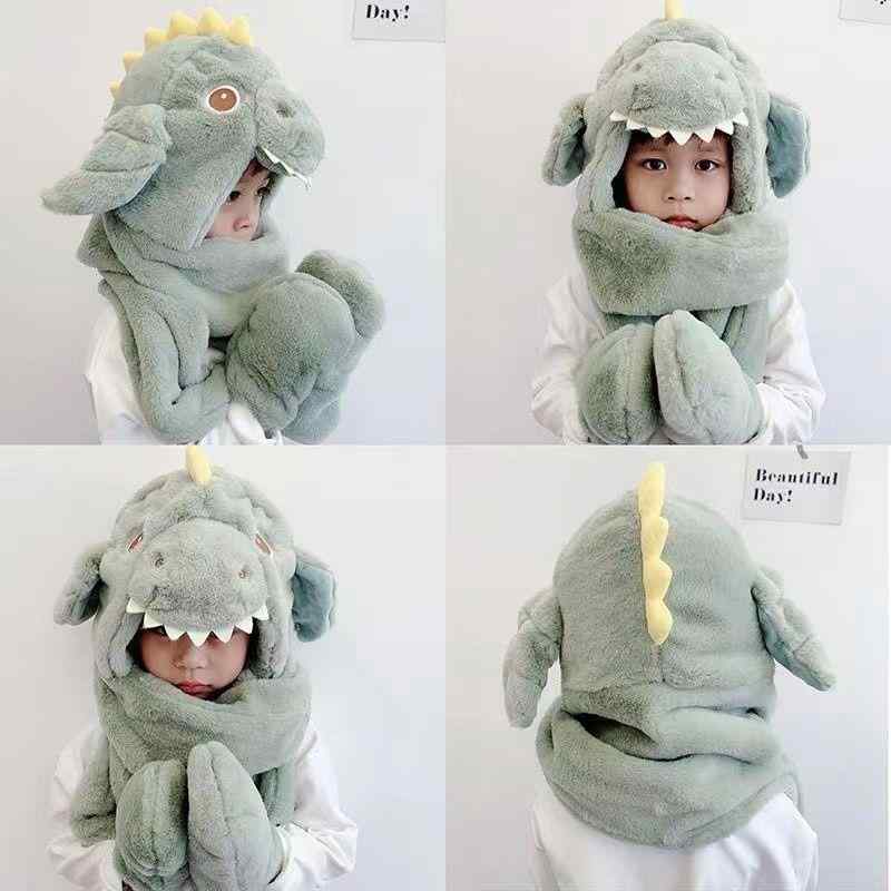 キャップ ベビー キッズ 男の子 子供用 冬用 恐竜 動く耳 マフラー一体型 顔耳カバー 防寒 暖かい フランネル 綿混 3点セット かわいい キャラクターデザ...