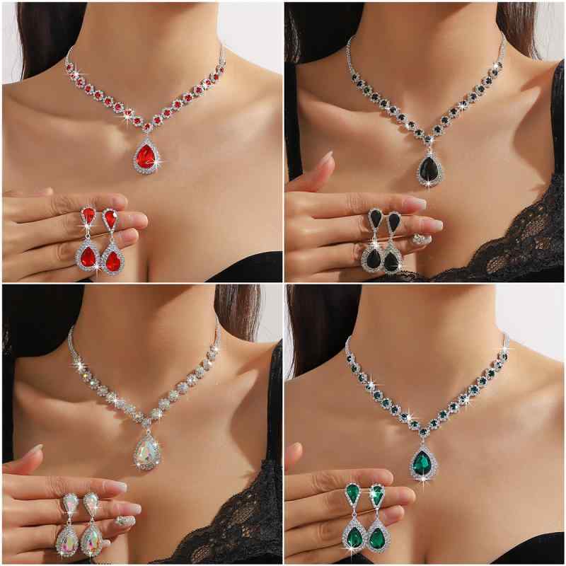 ジュエリー セット レディース 雫型 クリスタル ネックレス ピアス イヤリング アクセサリー 高級感 上品 2点セット 揺れる 輝く 白 青 緑 赤 黒 多色 豊富なカラー 通勤 オフィス パーティー 結婚式 プレゼント