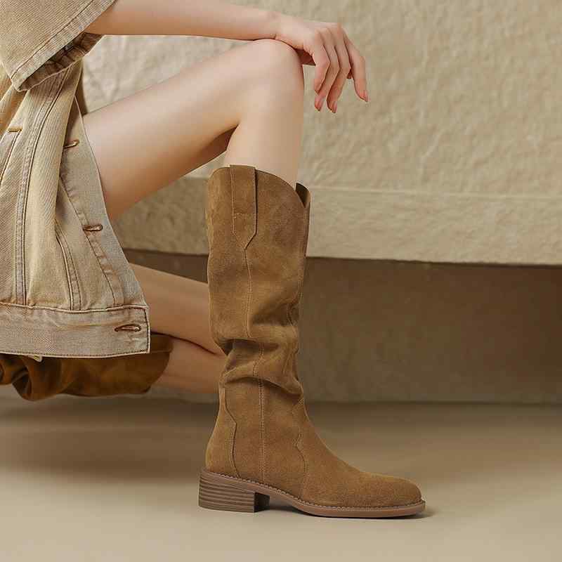 ロングブーツ レディース ヌバック スエード 牛革 フェイクファー裏地 太ヒール チャンキーヒール ラウ..