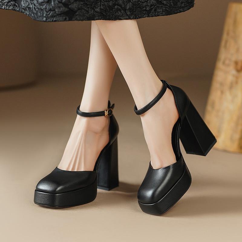 サンダル レディース 牛革 スクエアトゥ チャンキーヒール ワンストラップ ハイヒール カットアウト 春..