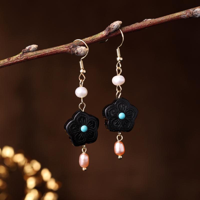 ピアス イヤリング レディース 黒檀 木製 ターコイズ 淡水パール 天然石 レトロ アンティーク チャイナ..