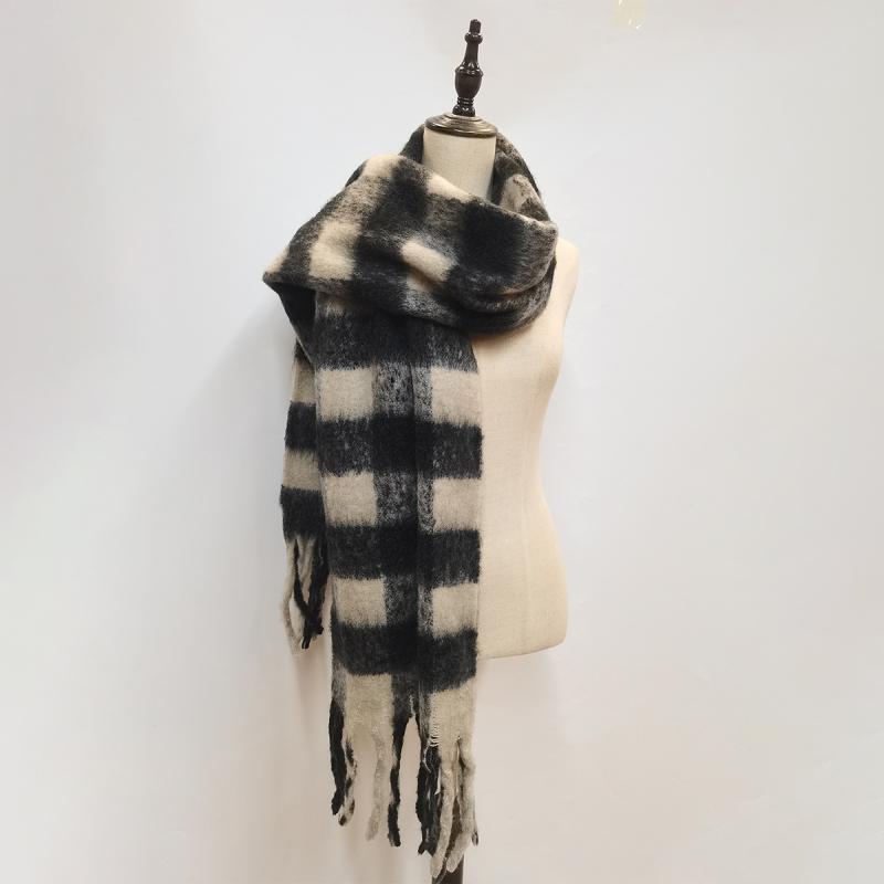 ストール レディース モールヤーン 白黒 チェック柄 厚手 暖かい 防寒 ロング 秋冬 ショール マフラー ポリエステル製 高級感 おしゃれ 大人カジュアル(x2)