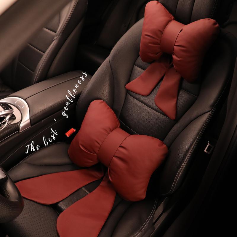 車用シートクッション 燕尾蝶 蝶結び PUレザー ヘッドレスト ネックピロー 首枕 ランバーサポート 腰当..