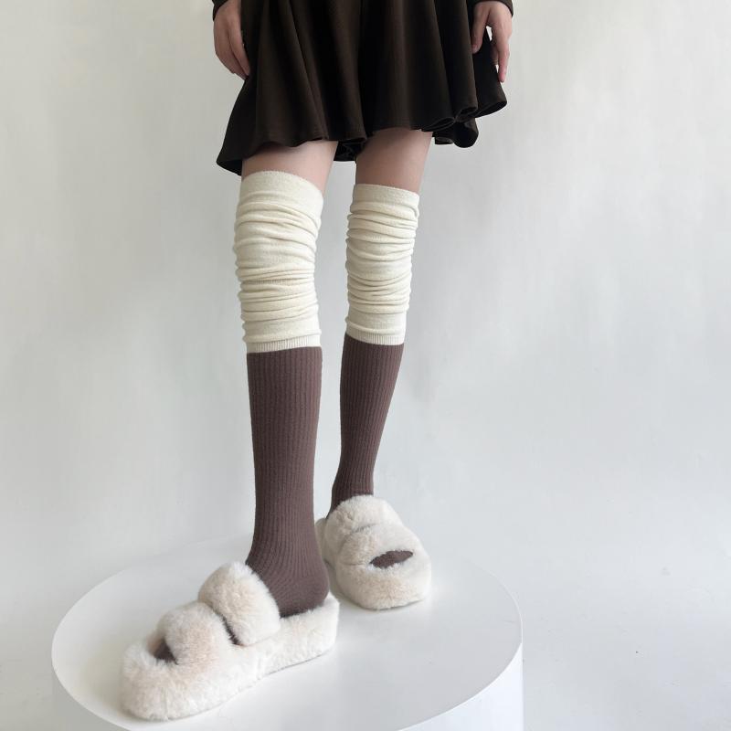 オーバーニーソックス レディース もこもこ 厚手 裏起毛 ルーズ マラード配色 切り替え JKスタイル サンゴフリース 摩擦防止 秋冬春