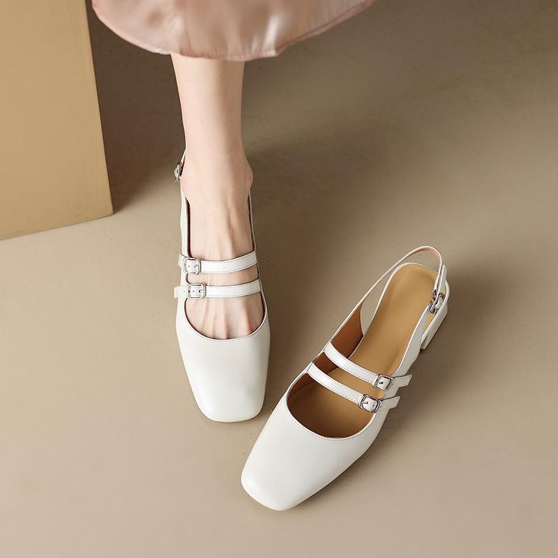 サンダル レディース メリージェーン 春夏 太ヒール ミドルヒール ワンストラップ バックル 本革 レザー カットワーク スクエアトゥ オフィスカジュアル