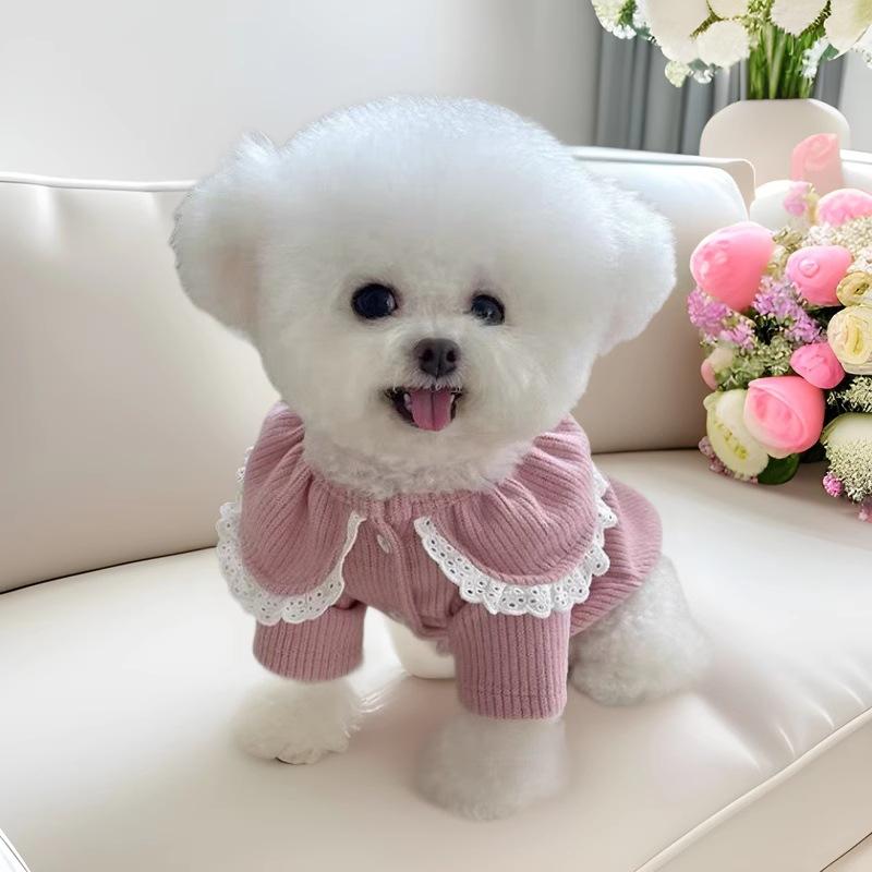 ペット服 サンゴフリース あったか 保温 厚手 防寒対策 レース フリル ニット カーディガン 羽織り ト..